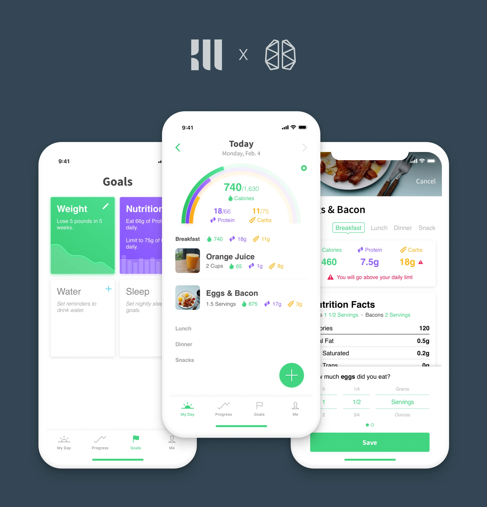 Nutrition app mockups showing dashboard, food tracking, and goal setting screens
