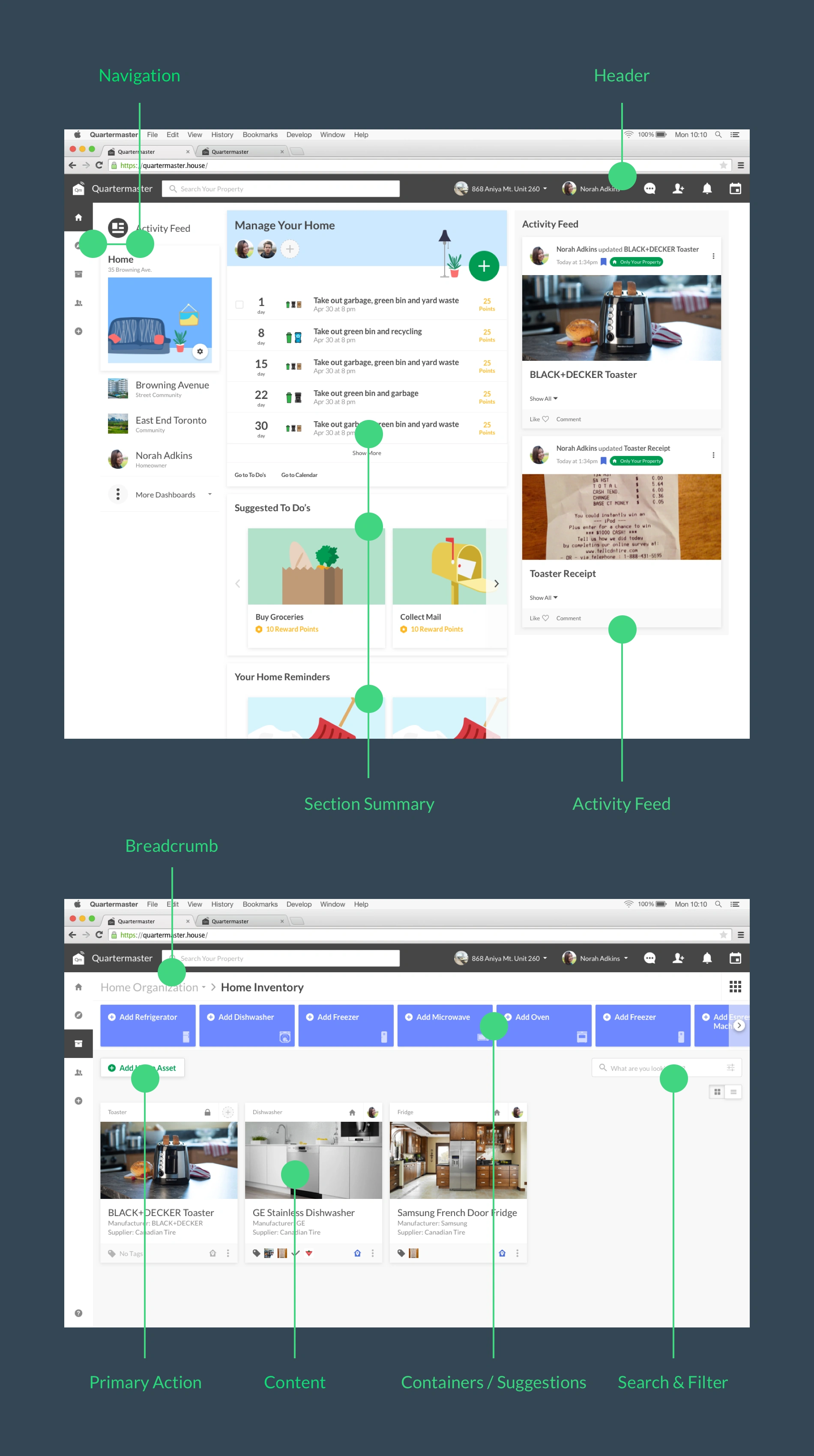 Quartermaster navigation design iterations
